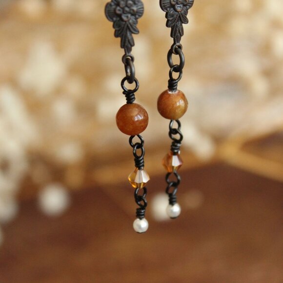 Handmade Women's Earrings, Black Metal with Brown Beads and a Faux Pearl Dangles - Picture 6 of 10